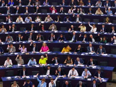 Members of the EU Parliament vote during a plenary session at the European Parliament in Starsbourg, France June 13, 2023. REUTERS/Yves Herman