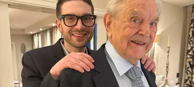 George Soros is seen with his son Alexander, in Munich, Germany in this picture obtained from social media and released February 16, 2023. Alex Soros via Twitter/via REUTERS THIS IMAGE HAS BEEN SUPPLIED BY A THIRD PARTY. MANDATORY CREDIT. NO RESALES. NO ARCHIVES.