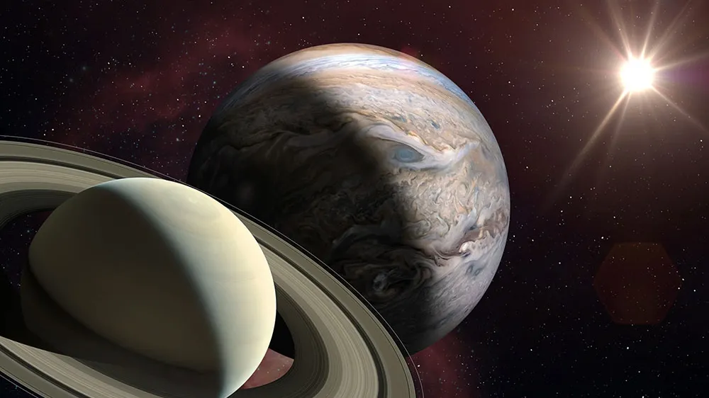 Great Conjunction: Jupiter and Saturn Meet on Solstice. Rare Jupiter-Saturn Conjunction. Elements of this image furnished by NASA. ______ Url(s): https://images.nasa.gov/details-PIA22949https://solarsystem.nasa.gov/resources/17549/saturn-mosaic-ian-reganSoftware: Adobe Photoshop CC 2015. Knoll light factory. Adobe After Effects CC 2017.