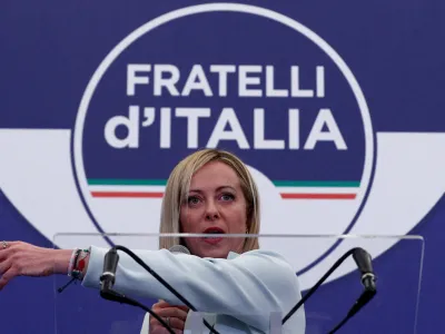 FILE PHOTO: Leader of Brothers of Italy Giorgia Meloni speaks at the party's election night headquarters, in Rome, Italy September 26, 2022. REUTERS/Guglielmo Mangiapane/File Photo
