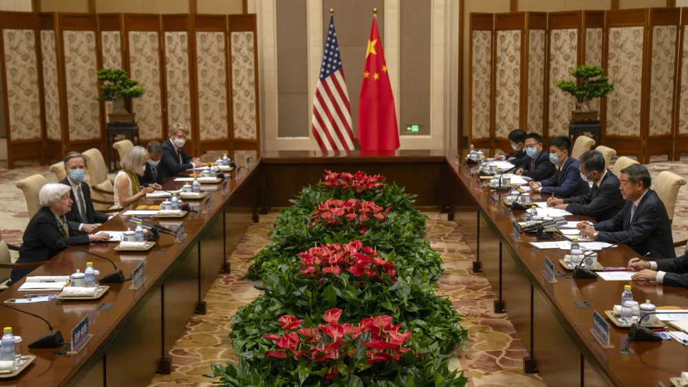 Treasury Secretary Janet Yellen, left, speaks as Chinese Vice Premier He Lifeng, right, listens during a meeting at the Diaoyutai State Guesthouse in Beijing, China, Saturday, July 8, 2023. (AP Photo/Mark Schiefelbein, Pool)
