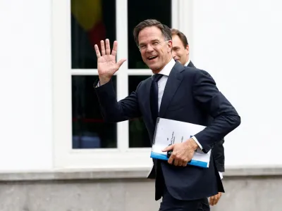 FILE PHOTO: Dutch Prime Minister Mark Rutte arrives to attend a meeting with NATO Secretary General Jens Stoltenberg ahead of a working dinner for NATO leaders at the Catshuis, in The Hague, Netherlands June 27, 2023. REUTERS/Piroschka van de Wouw/File Photo/File Photo