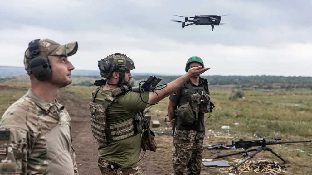 DONETSK OBLAST, UKRAINE - JULY 9: Ukrainian soldiers of the 57th brigade train with a drone at a training area in Donetsk oblast, Ukraine on July 9, 2023. Diego Herrera Carcedo / Anadolu AgencyNo Use USA No use UK No use Canada No use France No use Japan No use Italy No use Australia No use Spain No use Belgium No use Korea No use South Africa No use Hong Kong No use New Zealand No use Turkey