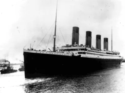 In this April 10, 1912, file photo, the liner Titanic leaves Southampton, England on her maiden voyage. Nearly 100 years after the Titanic went down, a cruise with the same number of passengers aboard is setting sail to retrace the ship's voyage, including a visit to the location where it sank. The Titanic Memorial Cruise is set to depart Sunday, April 8, 2012, from Southampton, where the Titanic left on its maiden voyage. (AP Photo/File)