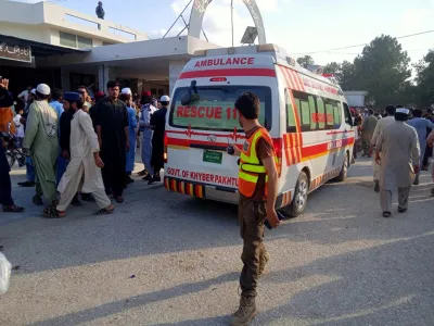 An ambulance carries the injured to the hospital, after a blast in Bajaur district of Khyber Pakhtunkhwa province, Pakistan July 30, 2023. Rescue 1122/Handout via REUTERS ATTENTION EDITORS - THIS IMAGE HAS BEEN SUPPLIED BY A THIRD PARTY. MANDATORY CREDIT. NO RESALES. NO ARCHIVE.