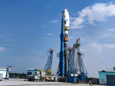 In this photo released by Roscosmos State Space Corporation, the Soyuz-2.1b rocket with the moon lander Luna 25 automatic station is set at a launch pad at the Vostochny Cosmodrome in the Russian Far East on Tuesday, Aug. 8, 2023. Luna 25 is a Russian lunar lander mission scheduled to launch later in August. (Roscosmos State Space Corporation via AP)