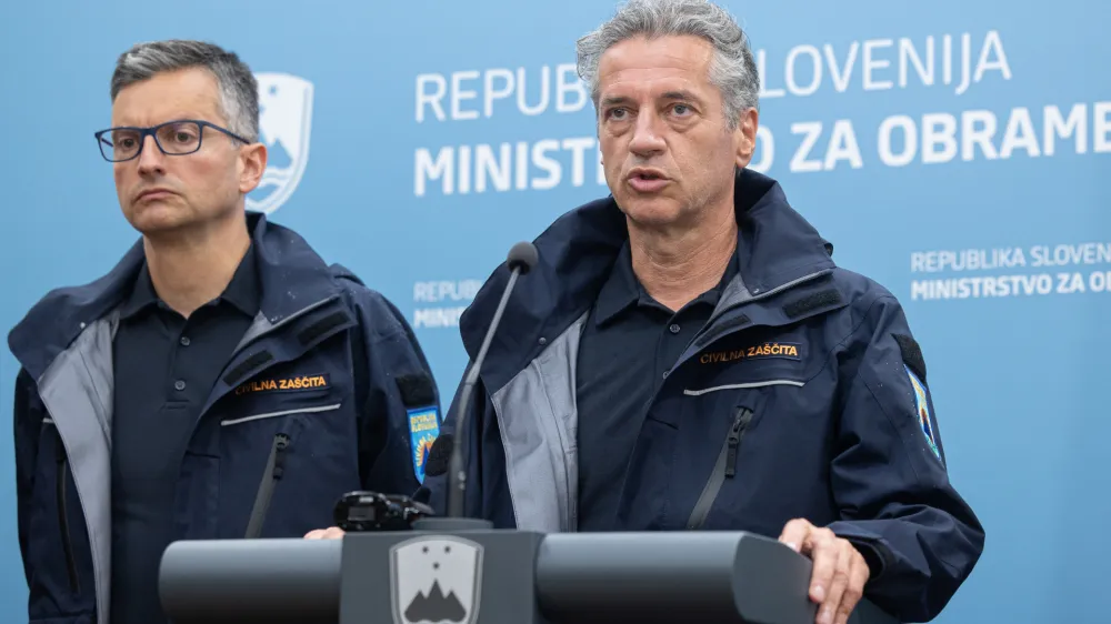 Ljubljana, Mors.<br>Izjava za javnost, na kateri so premier Robert Golob, obrambni minister Marjan Sarec, poveljnik Civilne zascite Srecko Sestan in hidrolog Janez Polajnar z agencije za okolje predstavili razmere po Sloveniji ob poplavah.