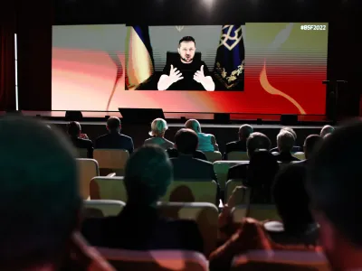 - ukrajinski predsednik Volodimir Zelenski preko videopovezave,- 29.08.2022 - 17. Blejski strate&scaron;ki forum &ndash; BSF Bled 2022 pod naslovom Vladavina moči ali moč pravil, posvečen predvsem ruski agresiji na Ukrajino in njenim posledicam. //FOTO: Bojan Velikonja