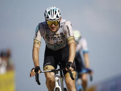 Cycling - Tour de France - Stage 9 - Saint-Leonard-De-Noblat to Puy De Dome - France - July 9, 2023 Team Bahrain Victorious' Matej Mohoric crosses the finish line after stage 9 REUTERS/Stephane Mahe