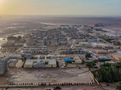 General view of flood water covering the area as a powerful storm and heavy rainfall hit Al-Mukhaili, Libya September 11, 2023, in this handout picture. Libya Al-Hadath/Handout via REUTERS  THIS IMAGE HAS BEEN SUPPLIED BY A THIRD PARTY   TPX IMAGES OF THE DAY
