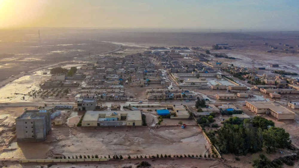 General view of flood water covering the area as a powerful storm and heavy rainfall hit Al-Mukhaili, Libya September 11, 2023, in this handout picture. Libya Al-Hadath/Handout via REUTERS  THIS IMAGE HAS BEEN SUPPLIED BY A THIRD PARTY   TPX IMAGES OF THE DAY