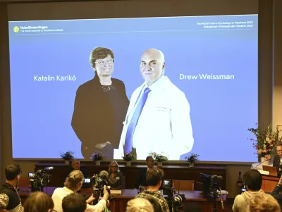 Thomas Perlmann, secretary of the Nobel Assembly, right, announces the winner of the 2023 Nobel Prize in Physiology or Medicine to Katalin Karik&oacute; and Drew Weissman, seen on screen, at the Karolinska Institute in Stockholm, Monday Oct. 2, 2023. The Nobel Prize in medicine has been awarded to Katalin Karik&oacute; and Drew Weissman for discoveries that enabled the development of effective mRNA vaccines against COVID-19.(Jessica Gow/TT News Agency via AP)