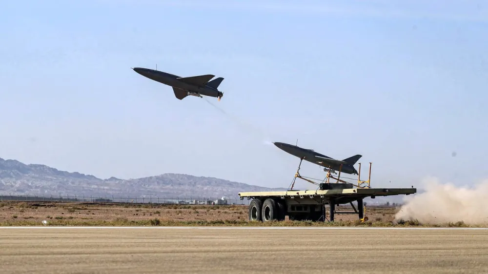 A drone is launched during a military exercise in an undisclosed location in Iran, in this handout image obtained on October 4, 2023. Iranian Army/WANA (West Asia News Agency)/Handout via REUTERS ATTENTION EDITORS - THIS PICTURE WAS PROVIDED BY A THIRD PARTY. QUALITY FROM SOURCE.