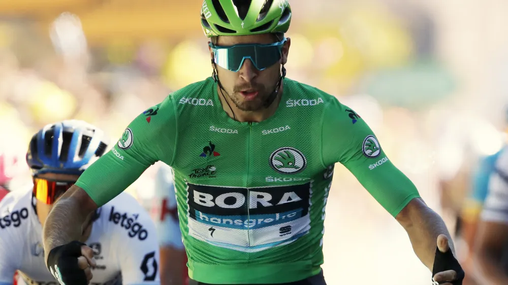 Slovakia's Peter Sagan wearing the best sprinter's green jersey celebrates as he crosses the finish line to win the fifth stage of the Tour de France cycling race over 175.5 kilometers (109 miles) with start in Saint-Die-Des-Vosges and finish in Colmar, Wednesday, July 10, 2019. (AP Photo/Christophe Ena)