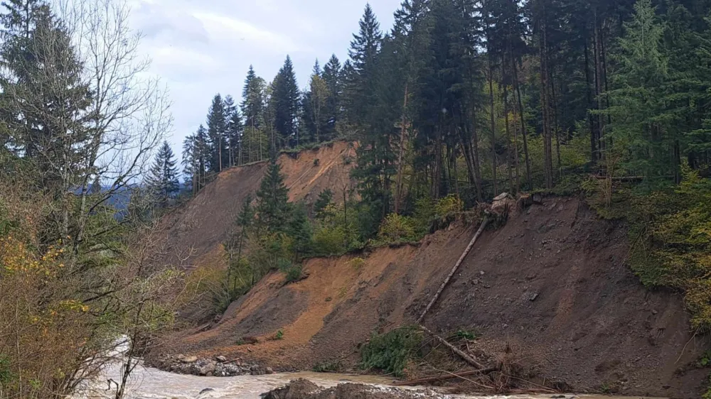 To je ogromen plaz, ki se je nad naseljem Struge sprožil v preteklih dneh in do včeraj delno že zdrsel v strugo Savinje. Foto: Paul Ore&scaron;nik