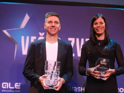 Tadej PogačarEugenia Bujak&nbsp;- 13.11.2023 - Večer zvezd 2023- podelitev priznanj Kolesar leta 2023, najbolj&scaron;im kolesarjem v organizaciji KZS - Kolesarska zveza Slovenije&nbsp;//FOTO: Bojan Velikonja