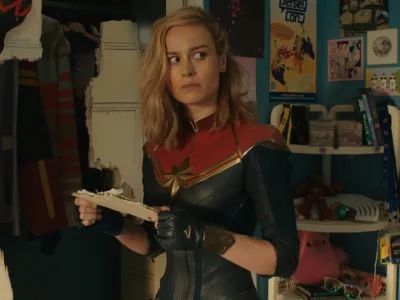 (Center, L-R)Zawe Ashton as Dar-Benn and Daniel Ings as Ty-Rone in Marvel Studios' THE MARVELS. Photo courtesy of Marvel Studios. &copy; 2023 MARVEL.