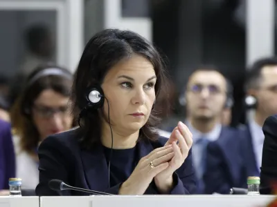 German Foreign Minister Annalena Baerbock attends the plenary session of the OSCE (Organization for Security and Co-operation in Europe) Ministerial Council meeting, in Skopje, North Macedonia, on Thursday, Nov. 30, 2023. (AP Photo/Boris Grdanoski)