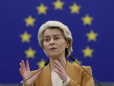 European Commission President Ursula von der Leyen delivers her speech during a session to prepare the Preparation of the Dec.14-15, 2023 European Council meeting, Wednesday, Dec. 13, 2023 in Strasbourg, eastern France. (AP Photo/Jean-Francois Badias)