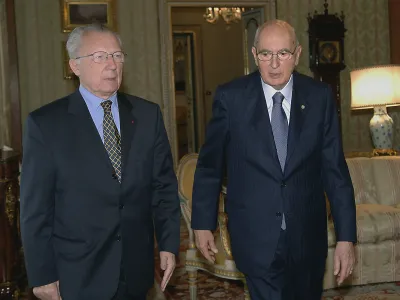 In this photo released by the Italian Presidency Press office, Italian President Giorgio Napolitano, right, and former President of the EU Commission Jacques Delors are seen prior to their talks at Quirinale Presidential Palace in Rome Tuesday, May 30, 2006. (AP Photo/Enrico Oliverio - Italian Presidency Press Office)