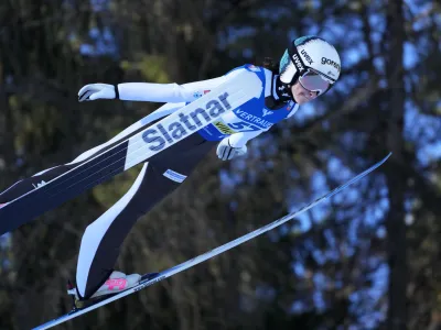 Slovenia's Nika Prevc competes at the Women's Normal Hill Individual Ski Jumping World Cup event in Villach, Austria, Wednesday, Jan. 3, 2024. (AP Photo/Darko Bandic)