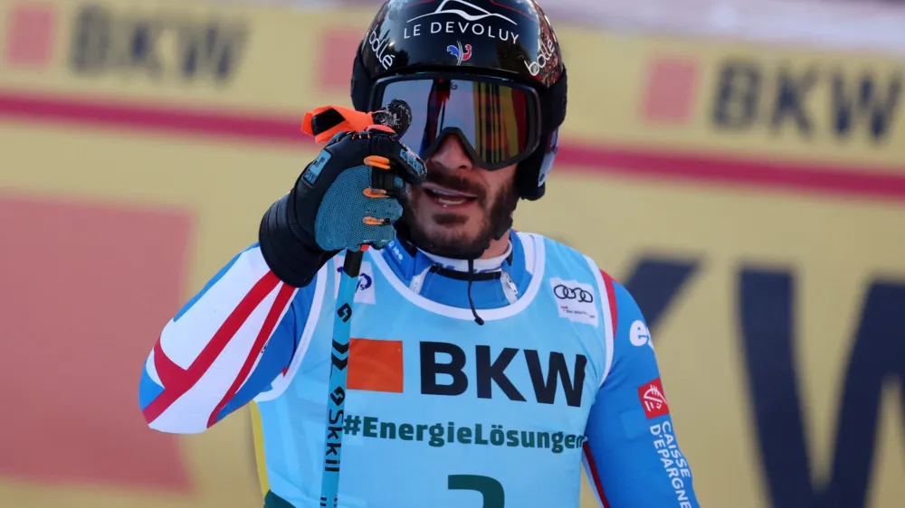 Alpine Skiing - FIS Alpine Ski World Cup - Men's Super G - Wengen, Switzerland - January 12, 2024 France's Cyprien Sarrazin reacts after his run REUTERS/Claudia Greco