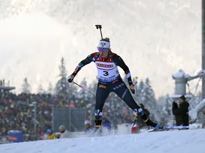 Ingrid Landmark Tandrevold from Norway competes during the women sprint 7.5 km Biathlon World Cup in Ruhpolding, Germany, Friday Jan. 12, 2024. (Sven Hoppe/dpa via AP)