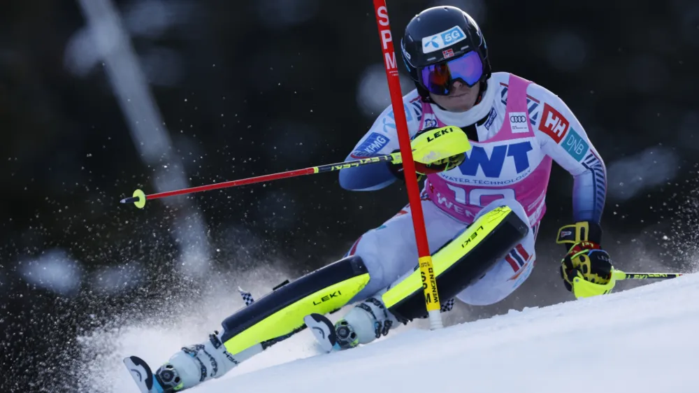 Norway's Atle Lie McGrath speeds down the course during an alpine ski, men's World Cup slalom race, in Wengen, Switzerland, Sunday, Jan. 14, 2024. (AP Photo/Alessandro Trovati)