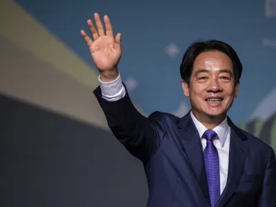 Taiwanese Vice President Lai Ching-te, also known as William Lai celebrates his victory in Taipei, Taiwan, Saturday, Jan. 13, 2024. The Ruling-party candidate emerged victorious in Taiwan's presidential election on Saturday and his opponents conceded, a result that will chart the trajectory of the self-ruled democracy's relations with China over the next four years. (AP Photo/Louise Delmotte)