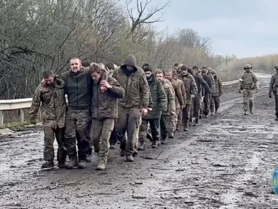 Ukrainian prisoners of war (POWs) are seen during a swap, amid Russia's attack on Ukraine, at an unknown location, Ukraine, in this screengrab taken from a handout video released April 16, 2023. Coordination Headquarters for the Treatment of Prisoners of War/Handout via REUTERS ATTENTION EDITORS - THIS IMAGE HAS BEEN SUPPLIED BY A THIRD PARTY. MANDATORY CREDIT.