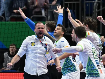 Handball - EHF 2024 Men's European Handball Championship - Preliminary Round - Group D - Norway v Slovenia - Mercedes-Benz Arena, Berlin, Germany - January 15, 2024 Slovenia head coach Uros Zorman celebrates after the match REUTERS/Annegret Hilse