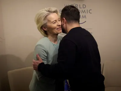 Ukraine's President Volodymyr Zelenskiy and President of the European Commission Ursula von der Leyen welcome each other before their meeting during the World Economic Forum (WEF) in Davos, Switzerland January 16, 2024. Ukrainian Presidential Press Service/Handout via REUTERS ATTENTION EDITORS - THIS IMAGE HAS BEEN SUPPLIED BY A THIRD PARTY.