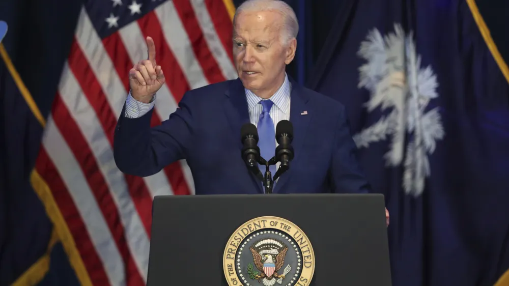 President Joe Biden speaks at the First in the Nation Celebration held by the South Carolina Democratic Party at the State Fairgrounds, Saturday, Jan. 27, 2024, in Columbia, S.C. (AP Photo/Artie Walker Jr.)