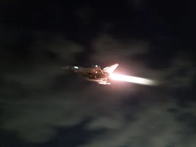 A RAF Typhoon aircraft takes off to conduct further strikes against Houthi targets, February 3, 2024. AS1 Jake Green RAF/UK MOD/Handout via REUTERS  THIS IMAGE HAS BEEN SUPPLIED BY A THIRD PARTY. NO RESALES. NO ARCHIVES. MANDATORY CREDIT