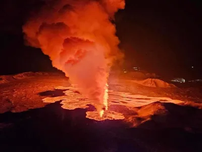 A volcano spews lava and smoke as it erupts, near Grindavik, on Reykjanes Peninsula, Iceland, February 8, 2024. Iceland Civil Protection/Handout via REUTERS THIS IMAGE HAS BEEN SUPPLIED BY A THIRD PARTY. MANDATORY CREDIT. NO RESALES. NO ARCHIVES.
