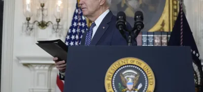 President Joe Biden steps away from the podium after speaking in the Diplomatic Reception Room of the White House, Thursday, Feb. 8, 2024, in Washington. (AP Photo/Evan Vucci)
