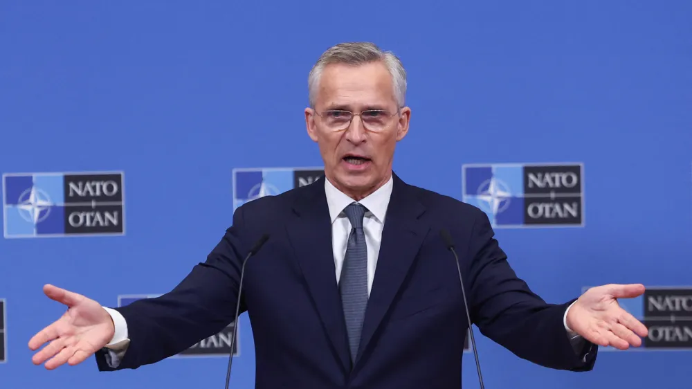 NATO Secretary General Jens Stoltenberg presents the alliance's annual report at NATO headquarters in Brussels, Belgium March 14, 2024. REUTERS/Yves Herman