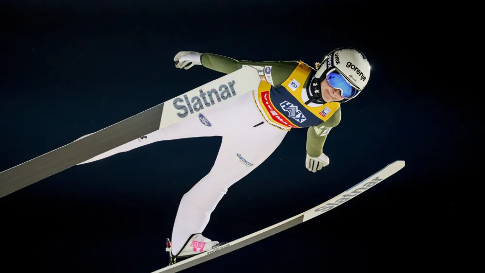 Nika Prevc from Slovenia in action during the World Cup ski jumping at Gran&aring;sen in Trondheim, Norway, Wednesday, March 13, 2024.. (Geir Olsen/NTB Scanpix via AP)