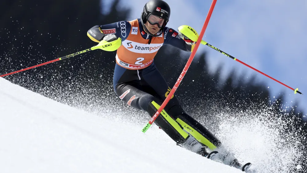 Sweden's Anna Swenn Larsson competes during the first run of an alpine ski, women's World Cup slalom race, in Saalbach, Austria, Saturday, March 16, 2024. (AP Photo/Marco Trovati)