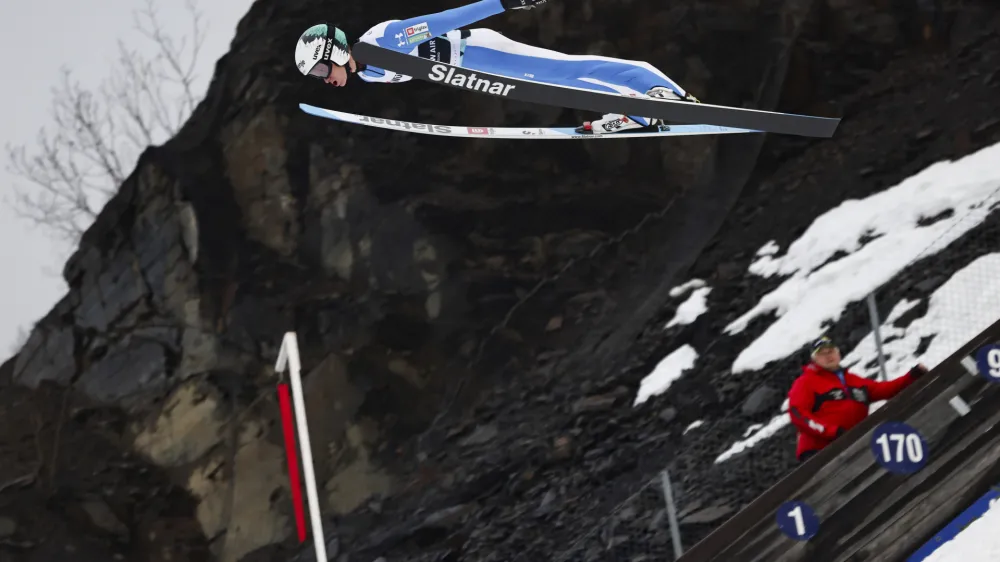 Peter Prevc from Slovenia in action during the slope HS 240 men's qualification for the FIS World Cup ski flying race in Vikersund, Norway, Friday March 15, 2024. (Geir Olsen/NTB via AP)