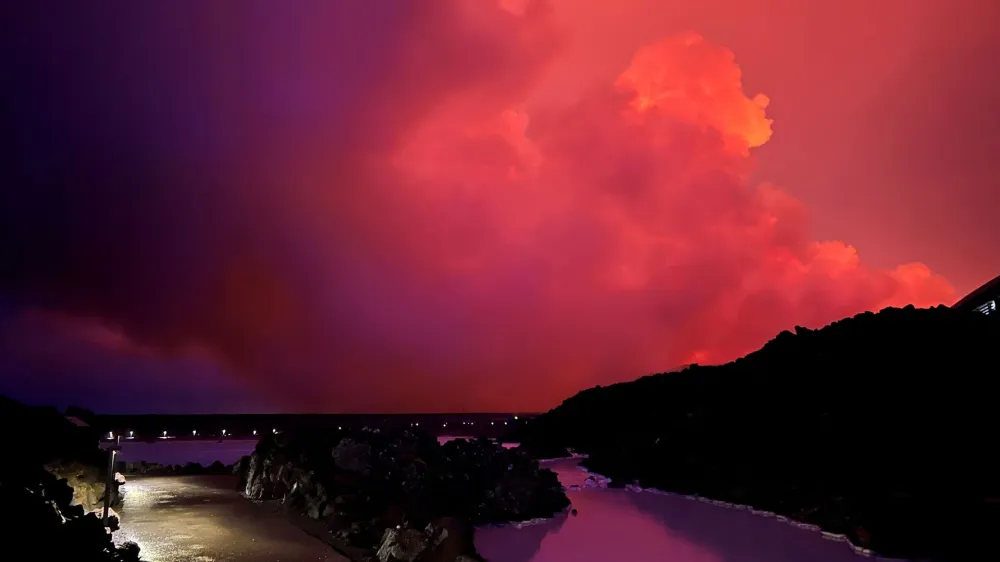 Smoke rises as a volcano erupts near Grindavik, Iceland, March 16, 2024, in this picture obtained from social media. Jorge Reis/via REUTERS THIS IMAGE HAS BEEN SUPPLIED BY A THIRD PARTY. MANDATORY CREDIT. NO RESALES. NO ARCHIVES.