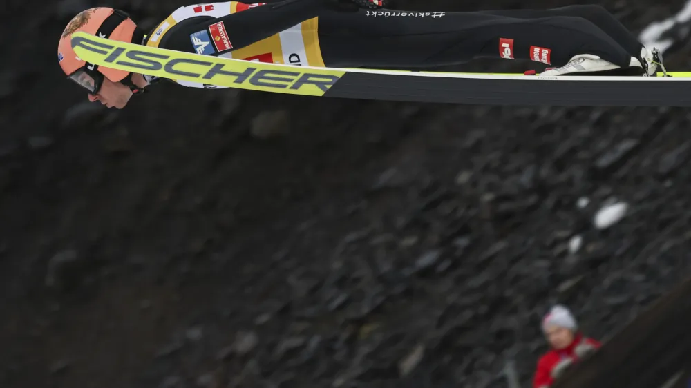 Stefan Kraft from Austria in action during the slope HS 240 men's qualification for the FIS World Cup ski flying race in Vikersund, Norway, Friday March 15, 2024. (Geir Olsen/NTB via AP)