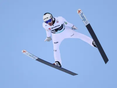 Ski Jumping - FIS Ski Jumping World Cup - Vikersund, Norway - March 17, 2024 Slovenia's Timi Zajc in action during the men's individual HS240 PHOTOGRAPHER/NTB via REUTERS ATTENTION EDITORS - THIS IMAGE WAS PROVIDED BY A THIRD PARTY. NORWAY OUT. NO COMMERCIAL OR EDITORIAL SALES IN NORWAY.