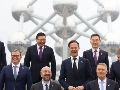 HANDOUT - 21 March 2024, Belgium, Brussels: European Council President Charles Michel poses with world leaders for a group photo in front of the Atomium, during the Nuclear energy summit in Brussels. Photo: Dario Pignatelli/European Council /dpa - ATTENTION: editorial use only and only if the credit mentioned above is referenced in full