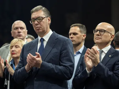 Serbian President Aleksandar Vucic and Minister of Defense Milos Vucevic attend the Serbian Progressive Party (SNS) rally in Kragujevac, Serbia, December 14, 2023. REUTERS/Marko Djurica