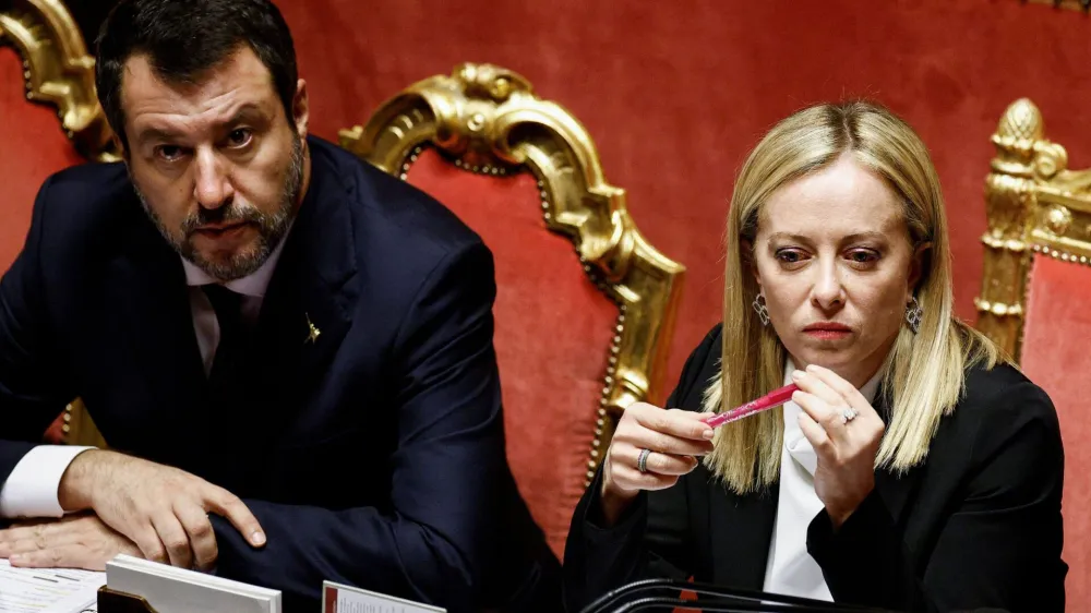 FILE PHOTO: Italy's Prime Minister Giorgia Meloni and Infrastructure Minister Matteo Salvini attend the upper house of parliament ahead of a confidence vote for the new government, in Rome, Italy, October 26, 2022. REUTERS/Guglielmo Mangiapane/File Photo