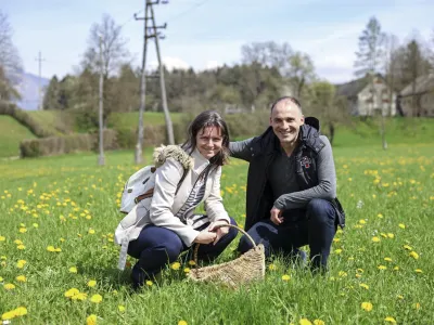 - 05. 04. 2024 - Andreja in Luka Kristanc &ndash; nabiranje divjih rastlin- fitofarmacija- združenje zeli&scaron;čarskih kmetij  //FOTO: Jaka Gasar