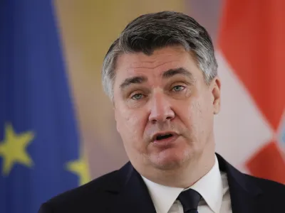 FILE - Croatia's President Zoran Milanovic attends a news conference with German President Frank-Walter Steinmeier during a meeting at the Bellevue Palace in Berlin, Germany, on Sept. 11, 2020. Milanovic cannot run for prime minister nor take part in the upcoming parliamentary election nor campaign in favor of an opposition party unless he resigns immediately from the current post, the state's constitutional court ruled Monday, March 18, 2024. (AP Photo/Markus Schreiber, File)