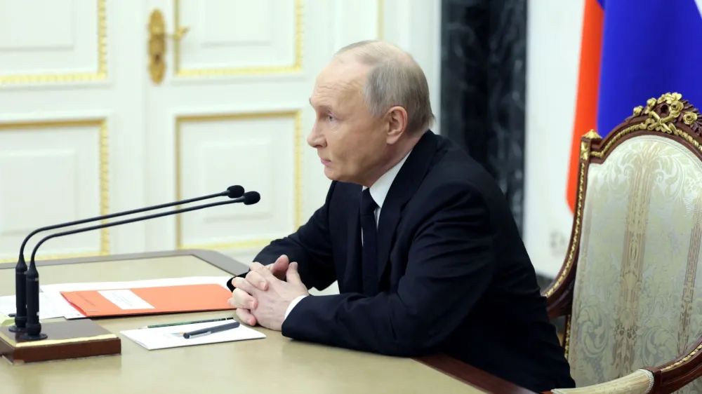 Russian President Vladimir Putin chairs a meeting with members of the Security Council via video link at the Kremlin in Moscow, Russia April 11, 2024. Sputnik/Aleksey Babushkin/Kremlin via REUTERS ATTENTION EDITORS - THIS IMAGE WAS PROVIDED BY A THIRD PARTY.