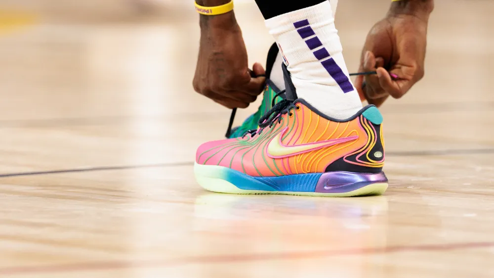 Apr 20, 2024; Denver, Colorado, USA; A detailed view of the shoes worn by Los Angeles Lakers forward LeBron James (23) during the first quarter against the Denver Nuggets in game one of the first round for the 2024 NBA playoffs at Ball Arena. Mandatory Credit: Andrew Wevers-USA TODAY Sports